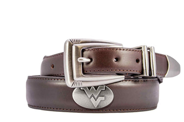 West Virginia Mountaineers Men's Dressy Leather Belt. WVU Gift. WVU Merch. Croc Pattern. Smooth Full Grain Finish. Metal Emblem Conchos.