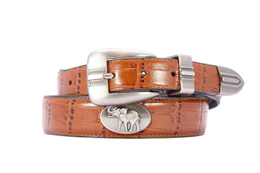 Alabama Big Al Men's Dressy Leather Belt. Alabama Gift. Bama Belt. Croc Pattern. Smooth Full Grain Finish. Metal Emblem Conchos.