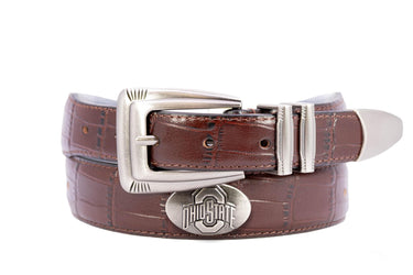 Ohio State Buckeyes Men's Collegiate Leather Belt. OSU Gift. Buckeyes Merch . Brown Croc Pattern Full Grain Finish With Metal Emblem Conchos