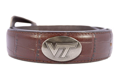 Virginia Tech Hokies Men's Collegiate Leather Belt. Hokies Gift. VT Merch . Brown Croc Pattern Full Grain Finish With Metal Emblem Conchos