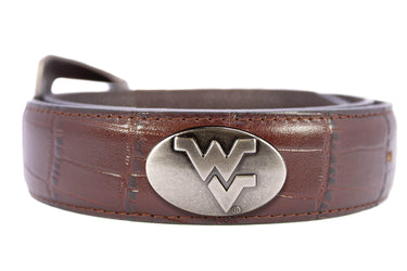West Virginia Mountaineers Men's Collegiate Leather Belt. WVU Gift Merch. Brown Croc Pattern Full Grain Finish With Metal Emblem Conchos