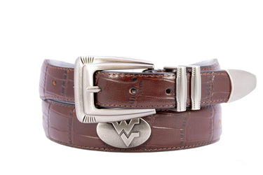 West Virginia Mountaineers Men's Collegiate Leather Belt. WVU Gift Merch. Brown Croc Pattern Full Grain Finish With Metal Emblem Conchos