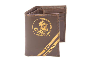 FSU Seminoles Men's Embossed Leather Wallet. FSU Trifold. FSU Secretary. Brown Collegiate Wallet. Seminoles Athletic Print.