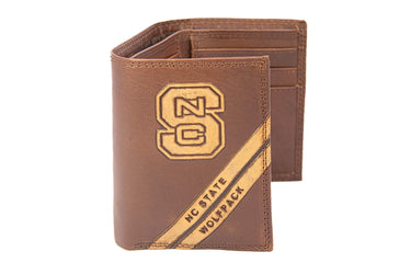 NC State Wolfpack Men's Embossed Leather Wallet. NCS Trifold. NC State Secretary. Brown Collegiate Wallet. Wolfpack Athletic Print.