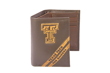 Texas Tech Red Raiders Men's Embossed Leather Wallet. TTU Trifold. TTU Secretary. Brown Collegiate Wallet. Raiders Athletic Print.
