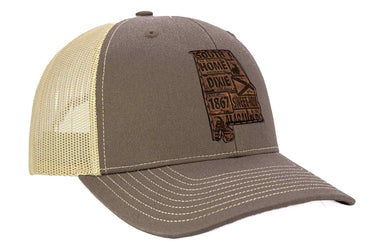 Alabama Map Leather Patch Trucker Hat. Burnished Full Grain Leather. Snapback Trucker Hat. Richardson 112 Cap. Alabama State Headwear.