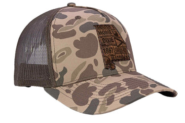 Alabama Map Old School Camo Trucker Hat. Burnished Full Grain Leather Patch. 5-Panel Richardson 112 Snapback Cap. Stitched Map Patch.
