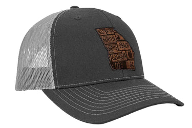 Georgia Map Leather Patch Trucker Hat. Burnished Full Grain Leather. Snapback Trucker Hat. Richardson 112 Cap. Georgia State Headwear.