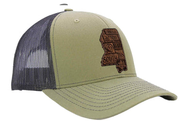 Mississippi Map Leather Patch Trucker Hat. Burnished Full Grain Leather. Snapback Trucker Hat. Richardson Cap. Mississippi State Headwear
