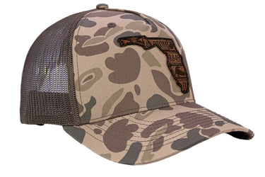 Florida Map Old School Camo Trucker Hat. Burnished Full Grain Leather Patch. 5-Panel Richardson 112 Snapback Cap. Stitched Map Patch.