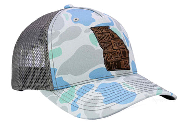 Georgia Map Old School Camo Trucker Hat. Burnished Full Grain Leather Patch. 5-Panel Richardson 112 Snapback Cap. Stitched Map Patch.