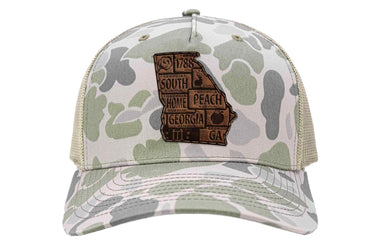 Georgia Map Old School Camo Trucker Hat. Burnished Full Grain Leather Patch. 5-Panel Richardson 112 Snapback Cap. Stitched Map Patch.