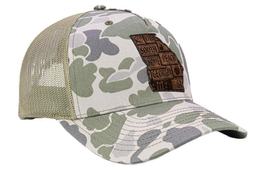 Georgia Map Old School Camo Trucker Hat. Burnished Full Grain Leather Patch. 5-Panel Richardson 112 Snapback Cap. Stitched Map Patch.