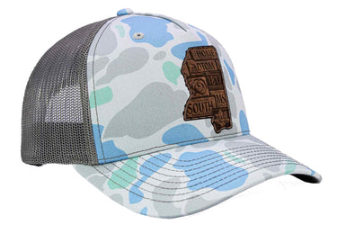 Mississippi Map Old School Camo Trucker Hat. Burnished Full Grain Leather Patch. 5-Panel Richardson 112 Snapback Cap. Stitched Map Patch.