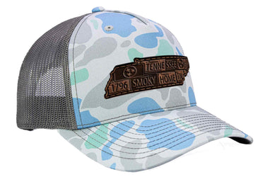 Tennessee Map Old School Camo Trucker Hat. Burnished Full Grain Leather Patch. 5-Panel Richardson 112 Snapback Cap. Stitched Map Patch.