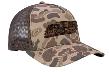 Tennessee Map Old School Camo Trucker Hat. Burnished Full Grain Leather Patch. 5-Panel Richardson 112 Snapback Cap. Stitched Map Patch.
