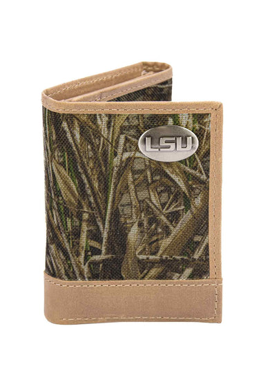 LSU TIgers Realtree Wallets. Bifold Pass-case. Classic Trifold. Tall Secretary. Realtree Max-5 Pattern. Leather Nylon Combo.