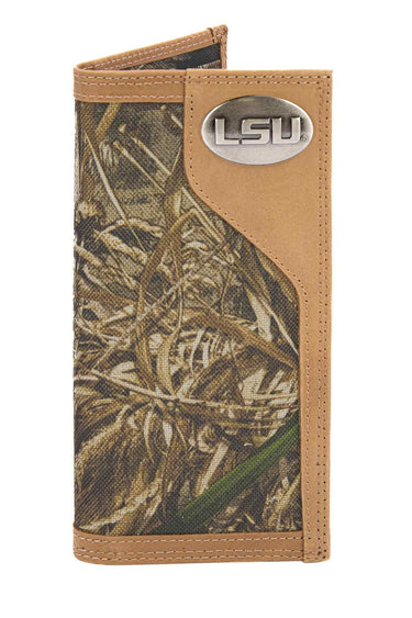 LSU TIgers Realtree Wallets. Bifold Pass-case. Classic Trifold. Tall Secretary. Realtree Max-5 Pattern. Leather Nylon Combo.