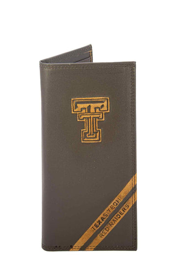 Texas Tech Red Raiders Men's Embossed Leather Wallet. TTU Trifold. TTU Secretary. Brown Collegiate Wallet. Raiders Athletic Print.