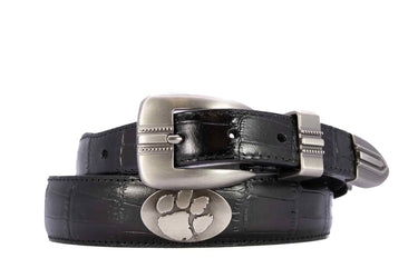 Clemson Tigers Men's Dressy Leather Belt. Clemson Gift. Tigers Merch. Croc Pattern. Smooth Full Grain Finish. Metal Emblem Conchos.