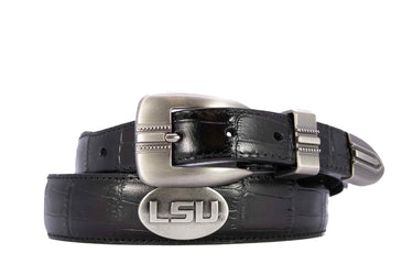 LSU Tigers Men's Dressy Leather Belt. LSU Gift. Tigers Merch. Croc Pattern. Smooth Full Grain Finish. Metal Emblem Conchos.