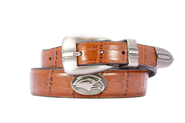 Southern Miss Eagles Men's Dressy Leather Belt. USM Gift. Southern Miss Merch. Croc Pattern. Smooth Full Grain Finish. Metal Emblem Conchos.