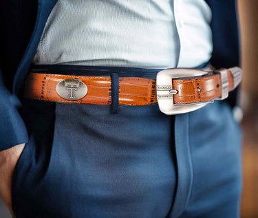 Texas Tech Raiders Men's Dressy Leather Belt. Red Raiders Gift. TTU Merch. Croc Pattern. Smooth Full Grain Finish. Metal Emblem Conchos.