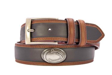 Penn State Nittany Lions Men's Collegiate Two Tone Leather Belt. Black With Brown Trim Full Grain Finish. Metal Emblem Conchos. PSU Gifts