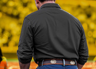 Southern Miss Eagles Men's Collegiate Two Tone Leather Belt. Black With Brown Trim Full Grain Finish. Metal Emblem Conchos. SMU Gifts