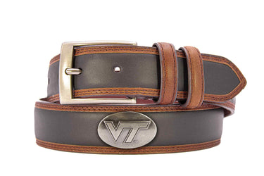 Virginia Tech Hokies Men's Collegiate Two Tone Leather Belt. Black With Brown Trim Full Grain Finish. Metal Emblem Conchos. Hokies Gift