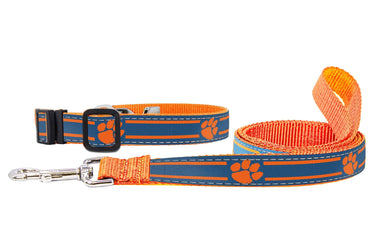 Clemson Tigers Collegiate Woven Ribbon Dog Collar. Pet Lead. Adjustable Nylon Webbing. Snap Buckle and D-ring. Swivel Bolt Snap.