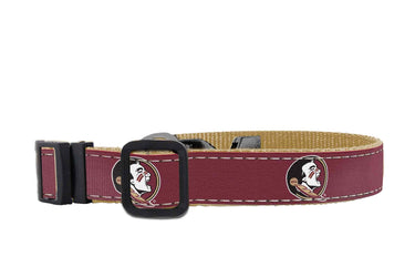 FSU Seminoles Collegiate Woven Ribbon Dog Collar. Pet Lead. Adjustable Nylon Webbing. Snap Buckle and D-ring. Swivel Bolt Snap.
