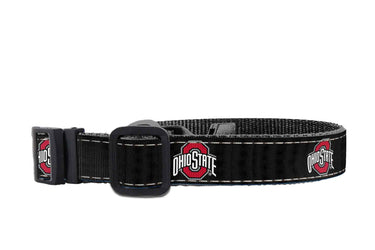 Ohio State Buckeyes Collegiate Woven Ribbon Dog Collar. Pet Lead. Adjustable Nylon Webbing. Snap Buckle and D-ring. Swivel Bolt Snap.