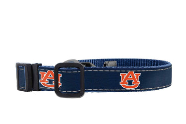 Auburn Tigers Collegiate Woven Ribbon Dog Collar. Pet Lead. Adjustable Nylon Webbing. Snap Buckle and D-ring. Swivel Bolt Snap.