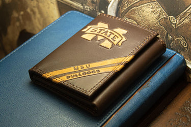 Mississippi State Bulldogs Men's Embossed Leather Wallet. MSU Trifold. MSU Secretary. Brown Collegiate Wallet. Bulldogs Athletic Print.