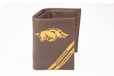 Arkansas Razorbacks Men's Embossed Leather Wallet. Arkansas Trifold. ARK Secretary. Brown Collegiate Wallet. Razorbacks Athletic Print.