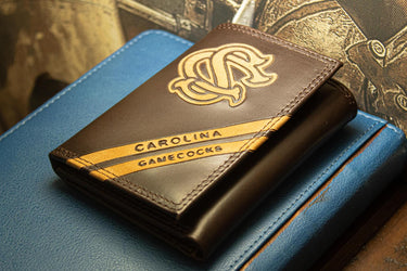USC Gamecocks Men's Embossed Leather Wallet. USC Trifold. South Carolina Secretary. Brown Collegiate Wallet. Gamcocks Athletic Print.