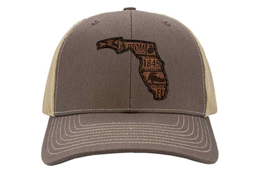 Florida Map Leather Patch Trucker Hat. Burnished Full Grain Leather. Snapback Trucker Hat. Richardson 112 Cap. Florida State Headwear.