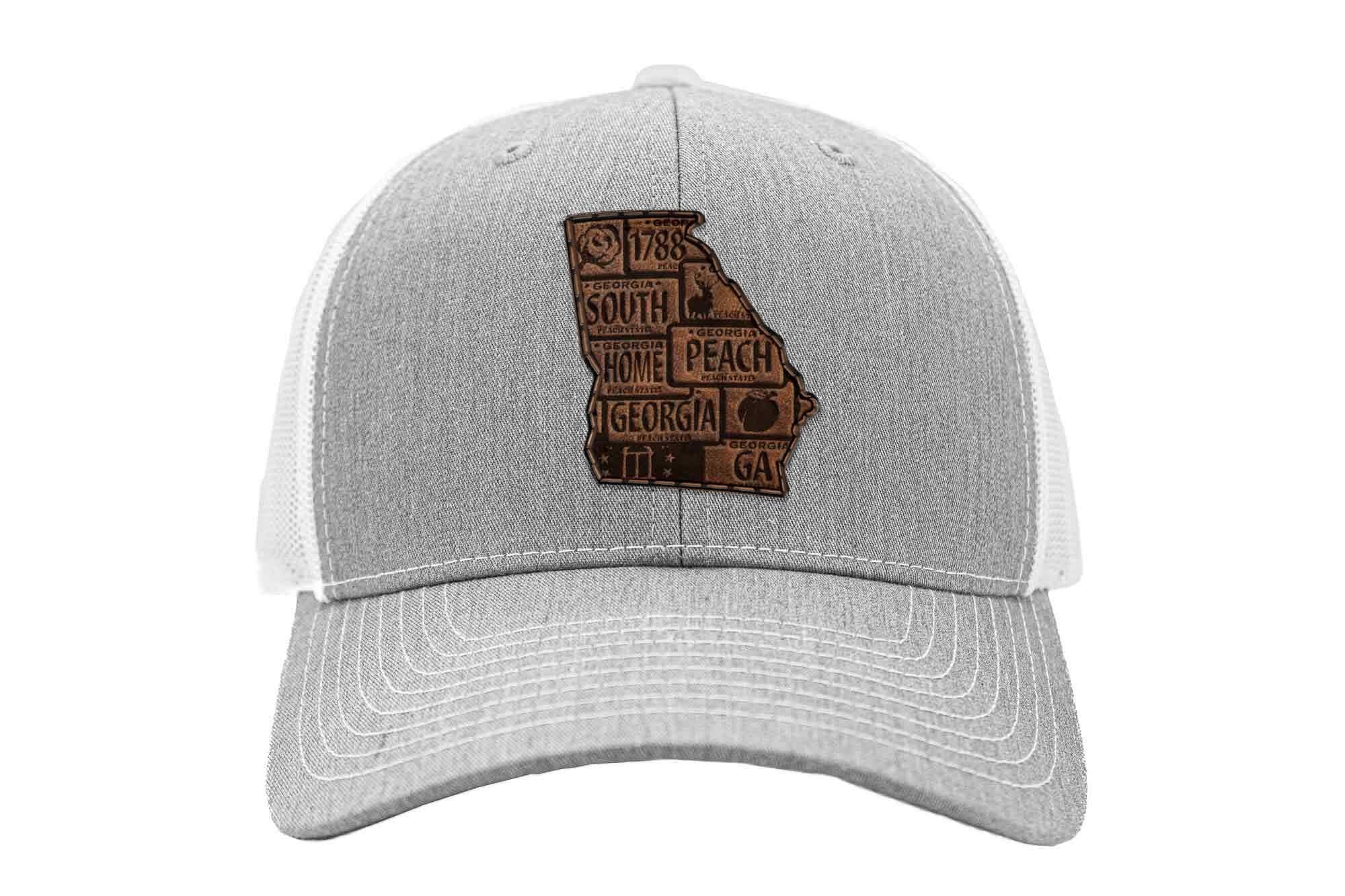 Georgia Map Leather Patch Trucker Hat. Burnished Full Grain Leather. Snapback Trucker Hat. Richardson 112 Cap. Georgia State Headwear.