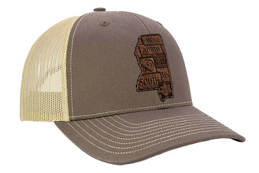 Mississippi Map Leather Patch Trucker Hat. Burnished Full Grain Leather. Snapback Trucker Hat. Richardson Cap. Mississippi State Headwear