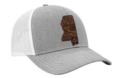 Mississippi Map Leather Patch Trucker Hat. Burnished Full Grain Leather. Snapback Trucker Hat. Richardson Cap. Mississippi State Headwear