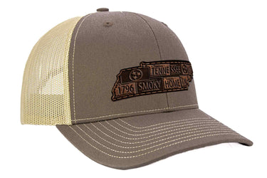 Tennessee Map Leather Patch Trucker Hat. Burnished Full Grain Leather. Snapback Trucker Hat. Richardson 112 Cap. Tennessee State Headwear.