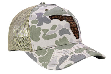 Florida Map Old School Camo Trucker Hat. Burnished Full Grain Leather Patch. 5-Panel Richardson 112 Snapback Cap. Stitched Map Patch.