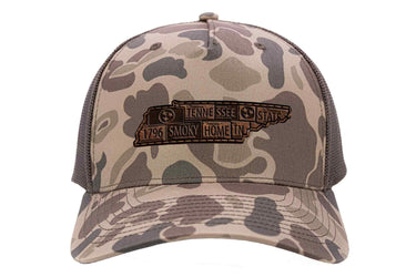 Tennessee Map Old School Camo Trucker Hat. Burnished Full Grain Leather Patch. 5-Panel Richardson 112 Snapback Cap. Stitched Map Patch.