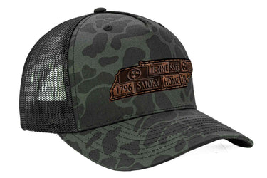 Tennessee Map Old School Camo Trucker Hat. Burnished Full Grain Leather Patch. 5-Panel Richardson 112 Snapback Cap. Stitched Map Patch.