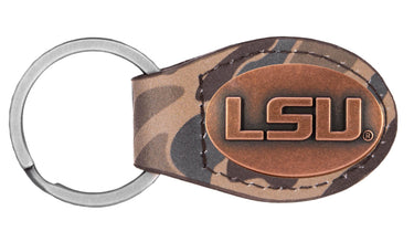 LSU Tigers Oval Camo Leather Key Fob. Split Ring and Durable Stitching. Perfect Collegiate Key Chain Gift. Old School Camo Key Chain.
