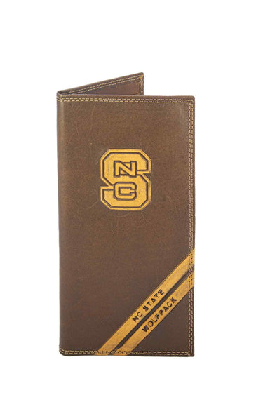 NC State Wolfpack Men's Embossed Leather Wallet. NCS Trifold. NC State Secretary. Brown Collegiate Wallet. Wolfpack Athletic Print.