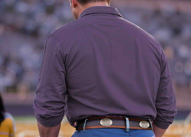 ECU Pirates Men's Collegiate Two Tone Leather Belt. Black With Brown Trim Full Grain Finish. Metal Emblem Conchos. ECU Gifts