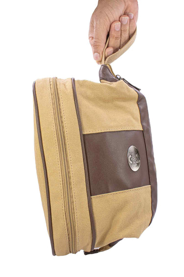 Ohio State Buckeyes Men's Canvas Toiletry Bag. Durable Water Resistant Bag. Spacious Travel Design. Waxed Canvas Khaki Body. Buckeye Gifts