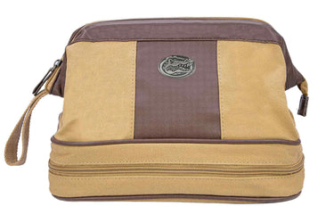 Florida Gators Men's Canvas Toiletry Bag. Durable Water Resistant Bag. Spacious Travel Design. Waxed Canvas Khaki Body. UF Gators Gifts